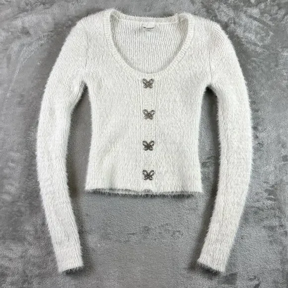 No Boundaries Fuzzy Butterfly Cardigan Womens XS White Soft Girl Y2K - Picture 1 of 7